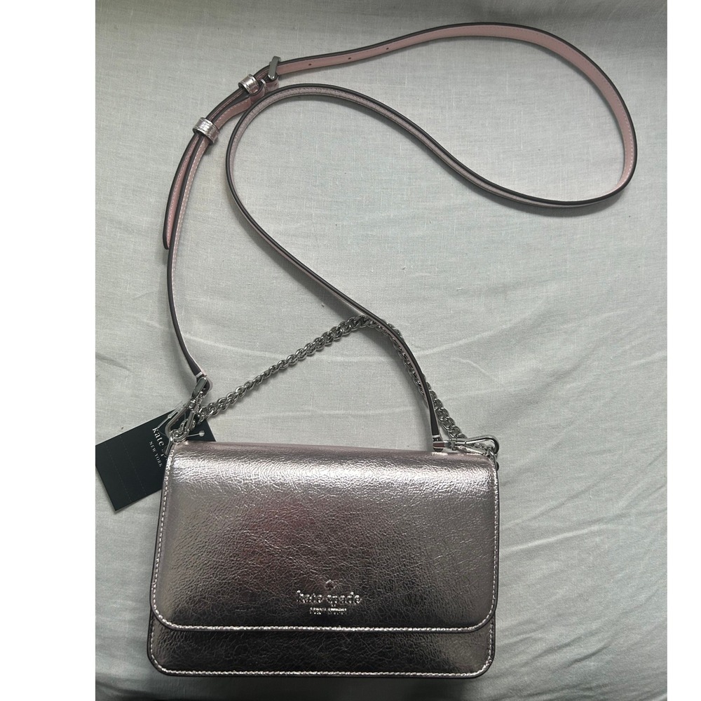 Kate Spade Mini Flap Crossbody Bag Metallic Lilac Moon Crinkle‎ Leather #421